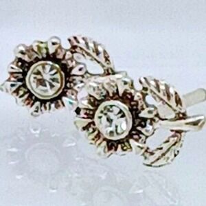 Vintage 925 Sterling Silver Sunflower Stud Earrings Clear Crystal Floral Jewelry